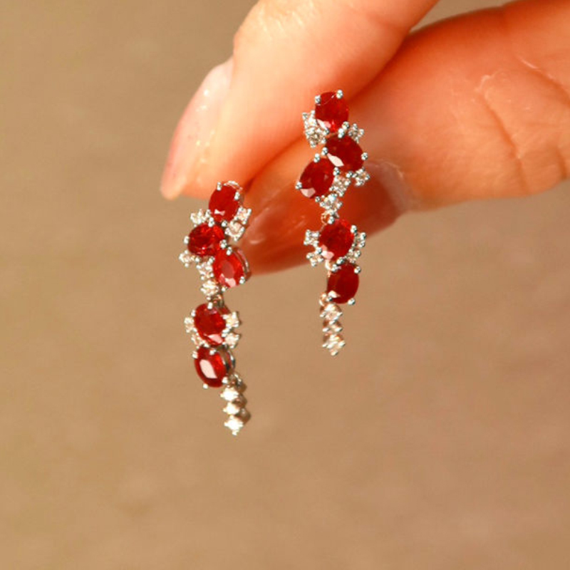 Inspired Multiples ruby tassels Long stud earrings for women ethnic style earings Light luxury engagement silver jewelry