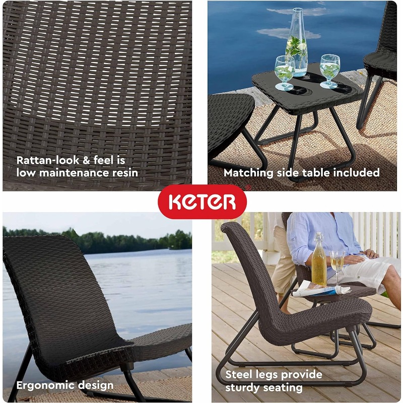 Keter Rio 3 Piece Resin Wicker Patio Furniture Set with Side Table and Outdoor Chairs, Dark Grey