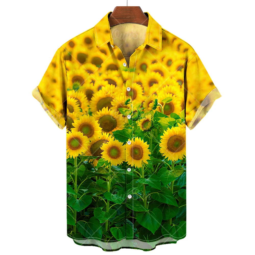 Summer Hawaiian Shirts Men's Shirts Sunflower Print Shirts for Men Lapel Short Sleeve Men's Clothing Loose Oversized Tops