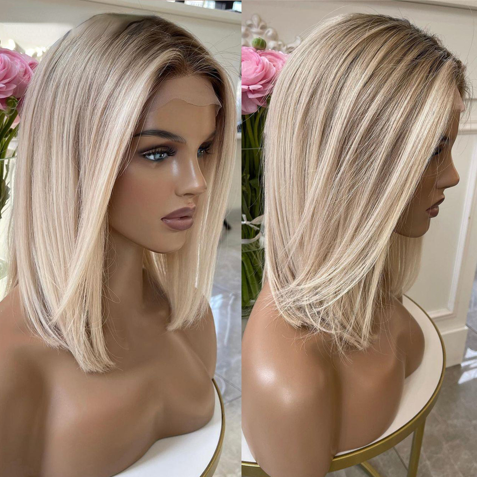 13x4 Honey Blonde Ombre Human Hair Body Wave Brazilian Short Front Wigs for Women Preplucked HD Transparent Lace Wig