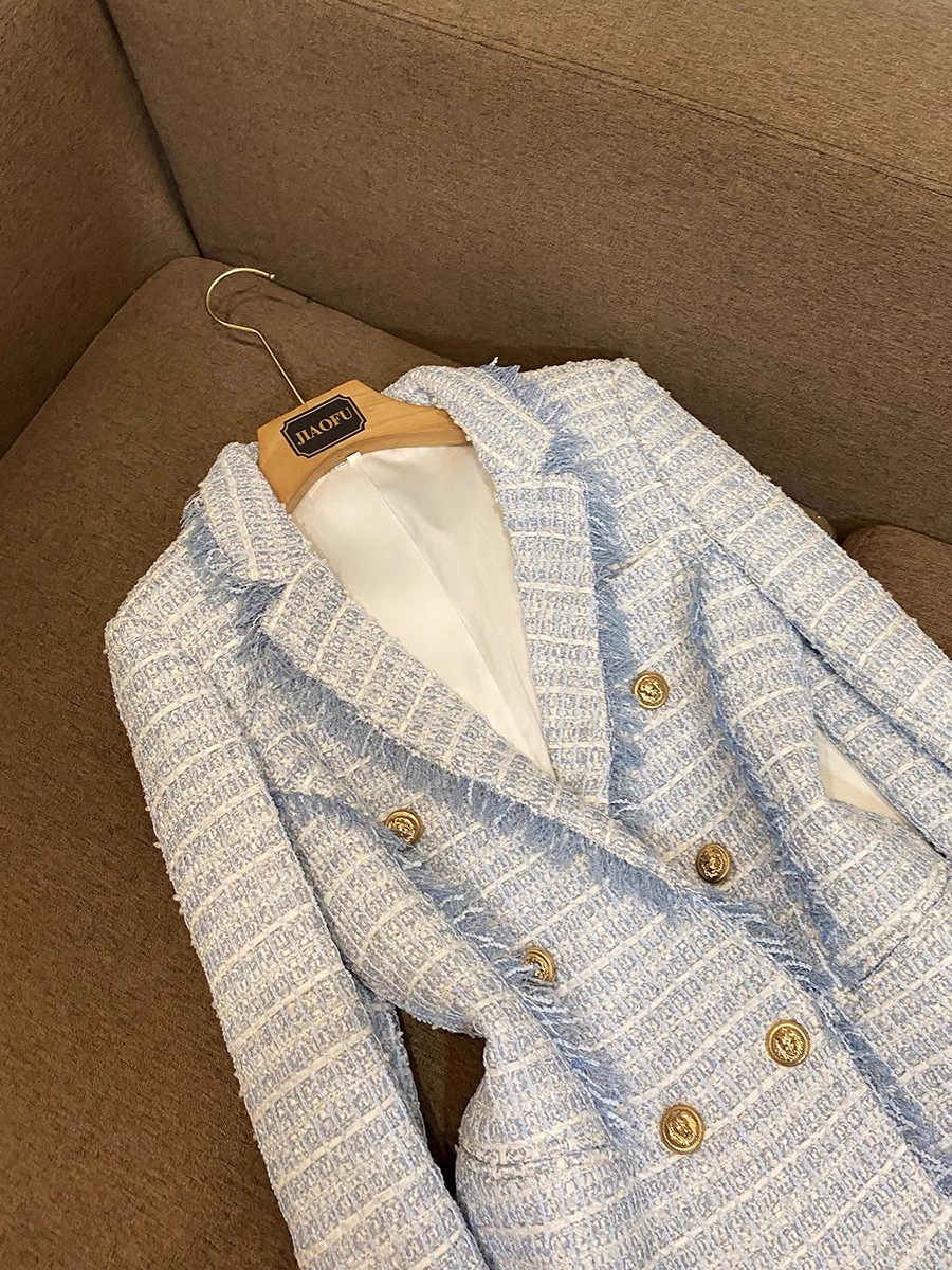 Spring Blue Houndstooth Panelled Tweed Blazers Long Sleeve Notched-Lapel Buttons Double-Breasted Outwear Coats O4W292332