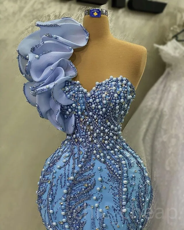 Aso May Ebi One Shoulder Prom Pearls Mermaid Sequined Lace Evening Formal Party Second Reception Birthday Engagement Gowns Dress Robe De Soiree 0529 0
