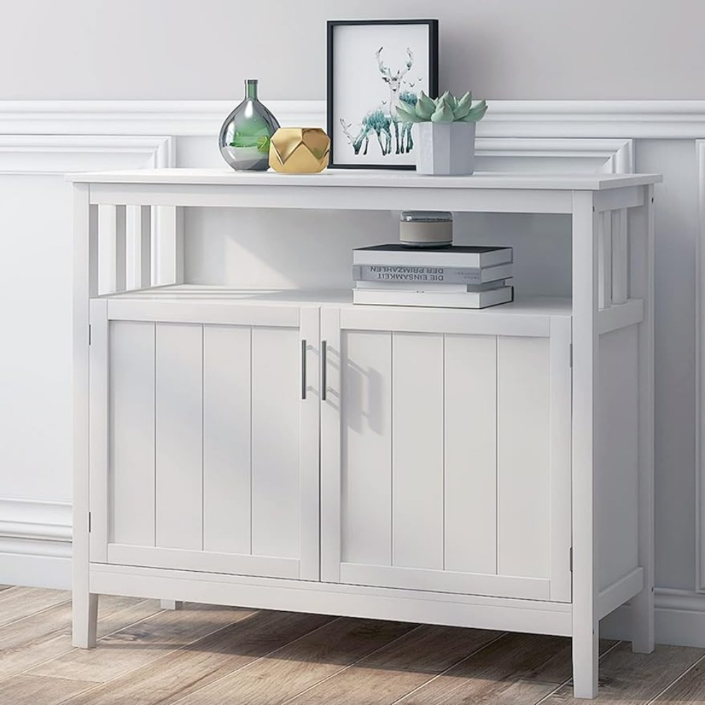 Buffet Cabinet White Kitchen Sideboard Buffet Storage Server Cupboard Cabinet Console Table With 2 Doors and Adjustable Shelf