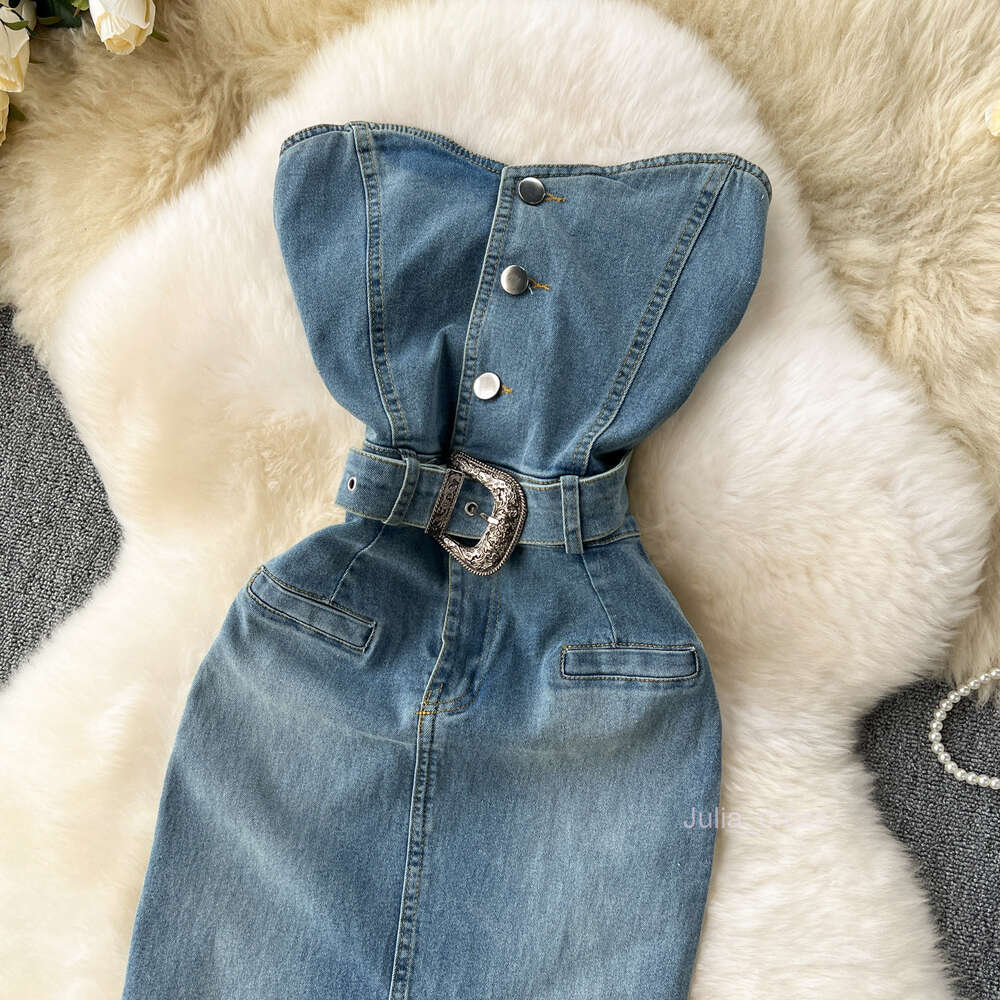 Sleeveless strapless dress for women in summer new American style pure desire spicy girl waist wrapped buttocks split denim long skirt