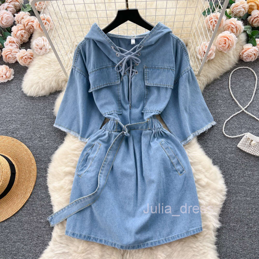 Korean chic niche lazy style casual tie up hooded denim dress for women with slim waist and short skirt