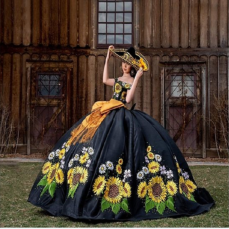 Charro Black Ball Gown Quinceanera Dresses Suower Embroidery Off The Shoulder Satin Long Sweet 16 Dress Beaded Mexican Vestido De 15 Anos 2024 0220