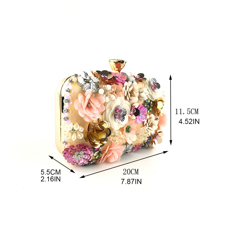 Womens Evening Clutch Bags Retro Colorful Floral Handbag Beaded Handbag Metal Chain Purses Wedding Party Prom Bag