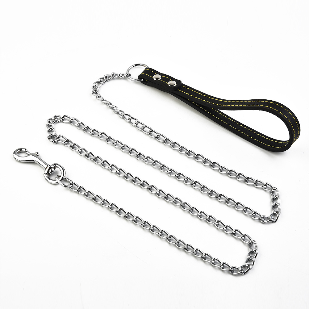 Metal Chain Dog Leash Leather Handle dog collar Dog walking rope Pets Supplies Durable strong control