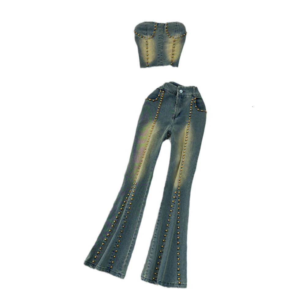Fashion set for women American style distressed rivet design denim camisole vest two-piece high waisted micro flared pants