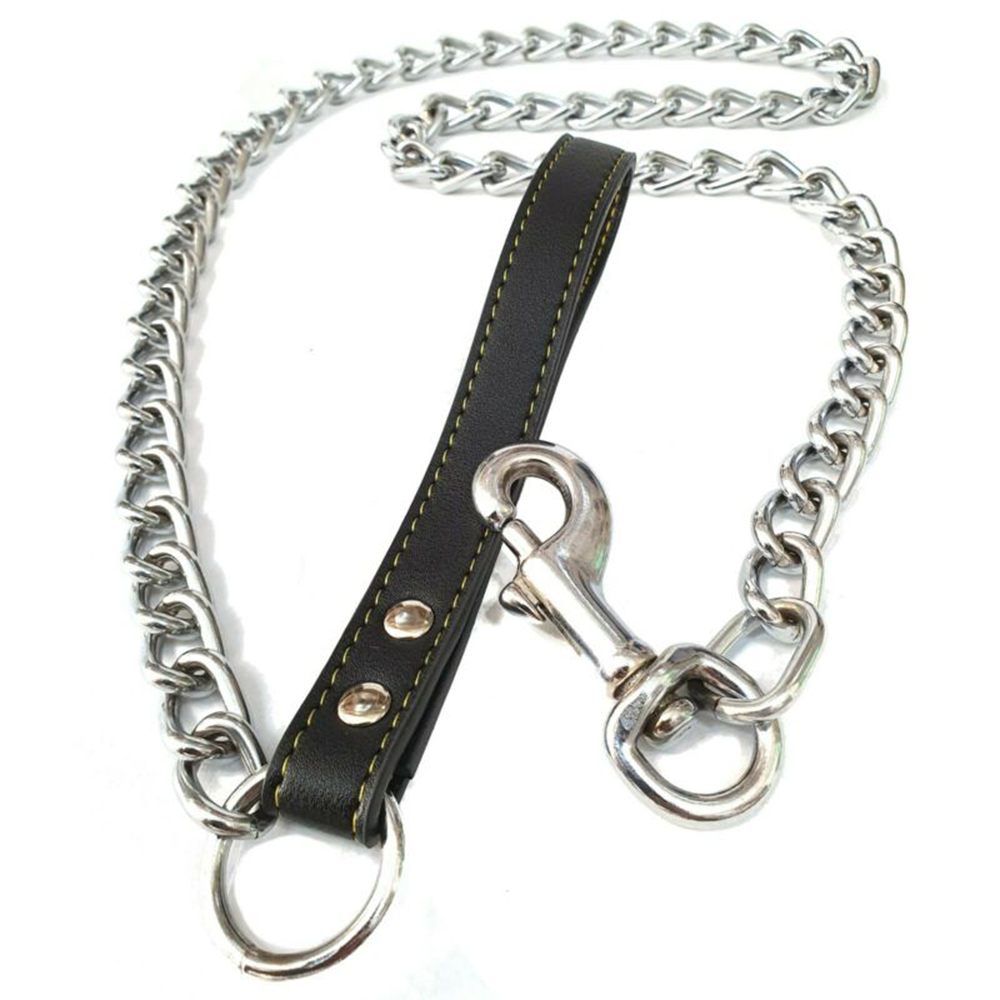 Metal Chain Dog Leash Leather Handle dog collar Dog walking rope Pets Supplies Durable strong control
