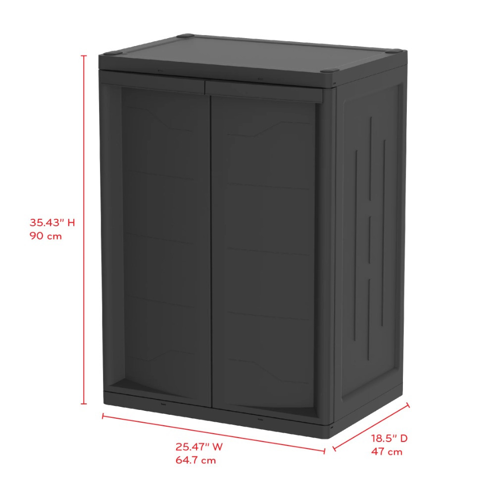 Plastic Garage Cabinet 2 Shelf, Black Finish, Living Room Storage Cabinet Perfect for Office, Living Room, Den and More