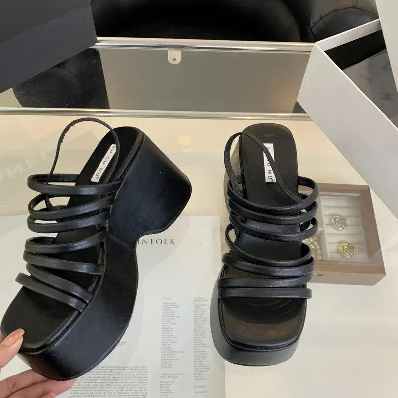 Silver Wedge Sandals Women Platform Shoes Black Belt High Heels Gladiator Chunky Heeled Sandals Summer Wedges Zapatos De Mujer 240528