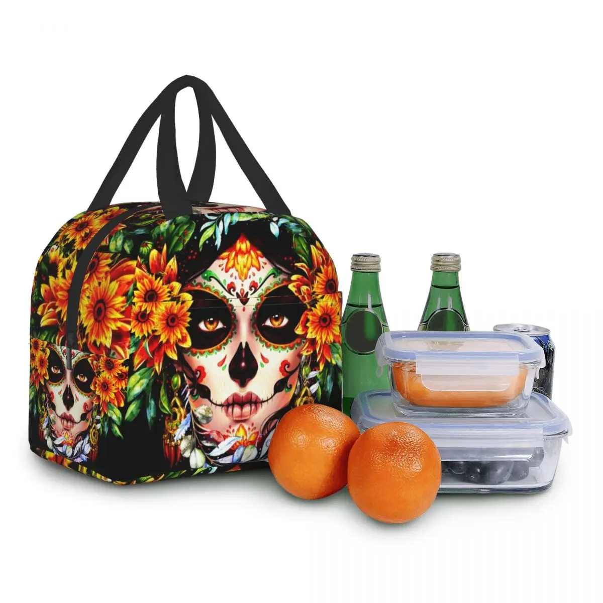 Skull Halloween Sugar Catrina Insulated Lunch Bag for Women Kids School Food Day Of The Dead Cooler Thermal Portable Lunch Box smile