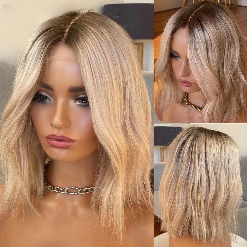 Free shipping Brazilian Body Wave Frontal Short blonde 13x4 Lace Front Human Hair Wigs For Women Ombre Closure Bob Wig Transparent Pre Plucked