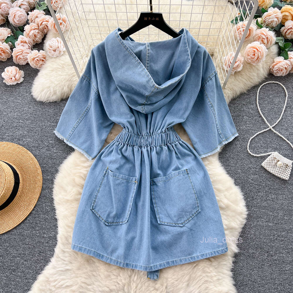 Korean chic niche lazy style casual tie up hooded denim dress for women with slim waist and short skirt