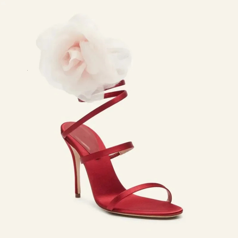 Summer Satin Flower Slim High Heel Sandals Fashionable Ribbon Wedding Bridesmaid High Heel Large Womens Sandals 240528