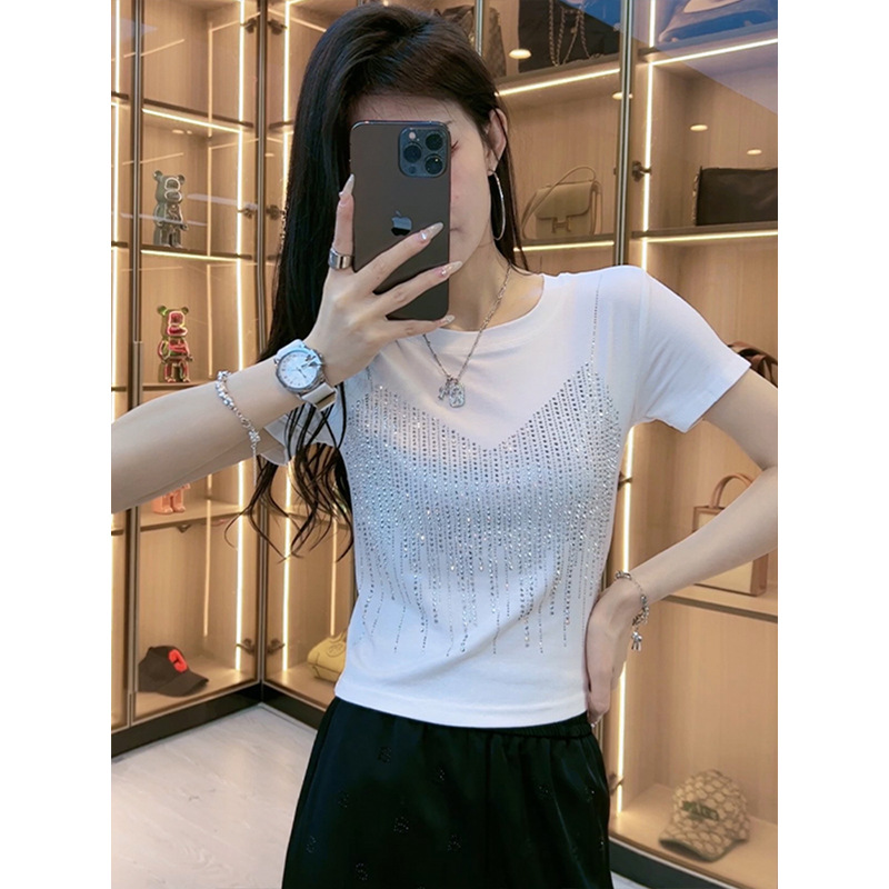 women designer clothes designer t shirt tshirt Crew Neck Diamond Short sleeve Rhinestone Polka Dot Cute Loose Breathable Kawaii size S-XL designer shi