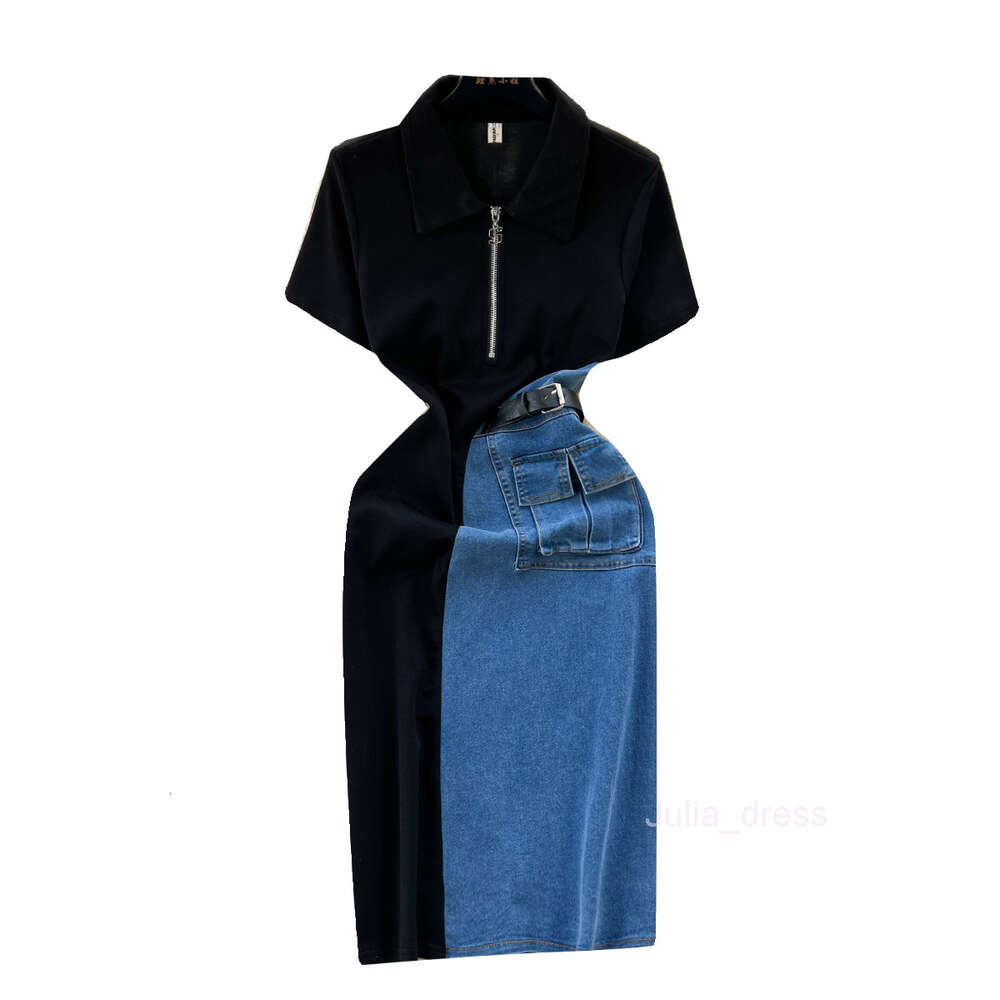 Chic denim skirt for women with contrasting color patchwork slim fit medium length short sleeved and elegant dress