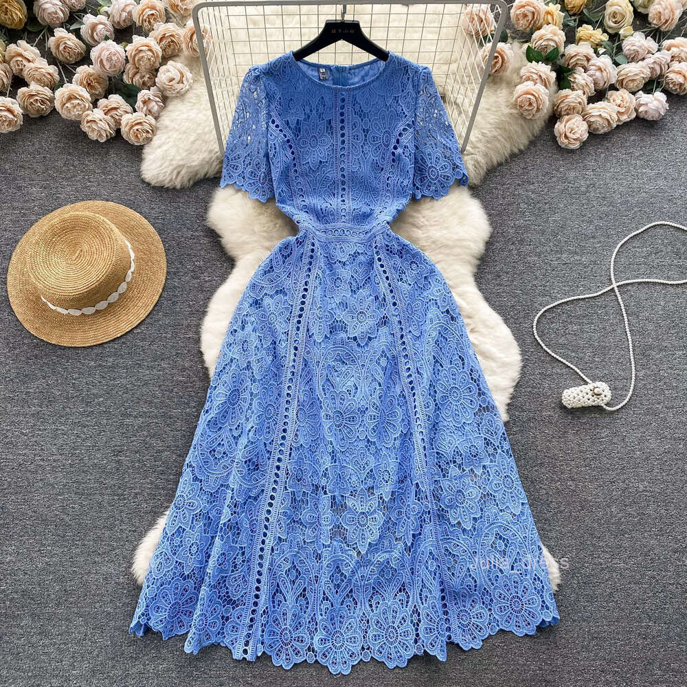 Small and high-end round neck ruffle sleeve lace dress for womens summer new slimming and elegant long skirt