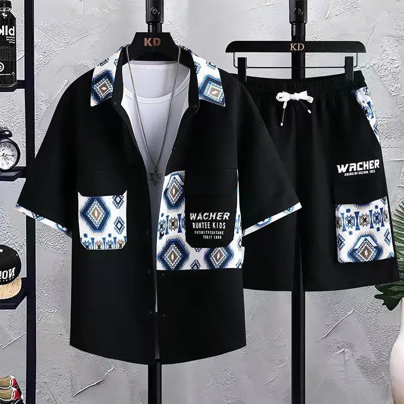 Shirt trouserssummer short sleeve mens Sets print pattern mens casual elastic waist shirts men Two-piece Suit Streetwear 240518