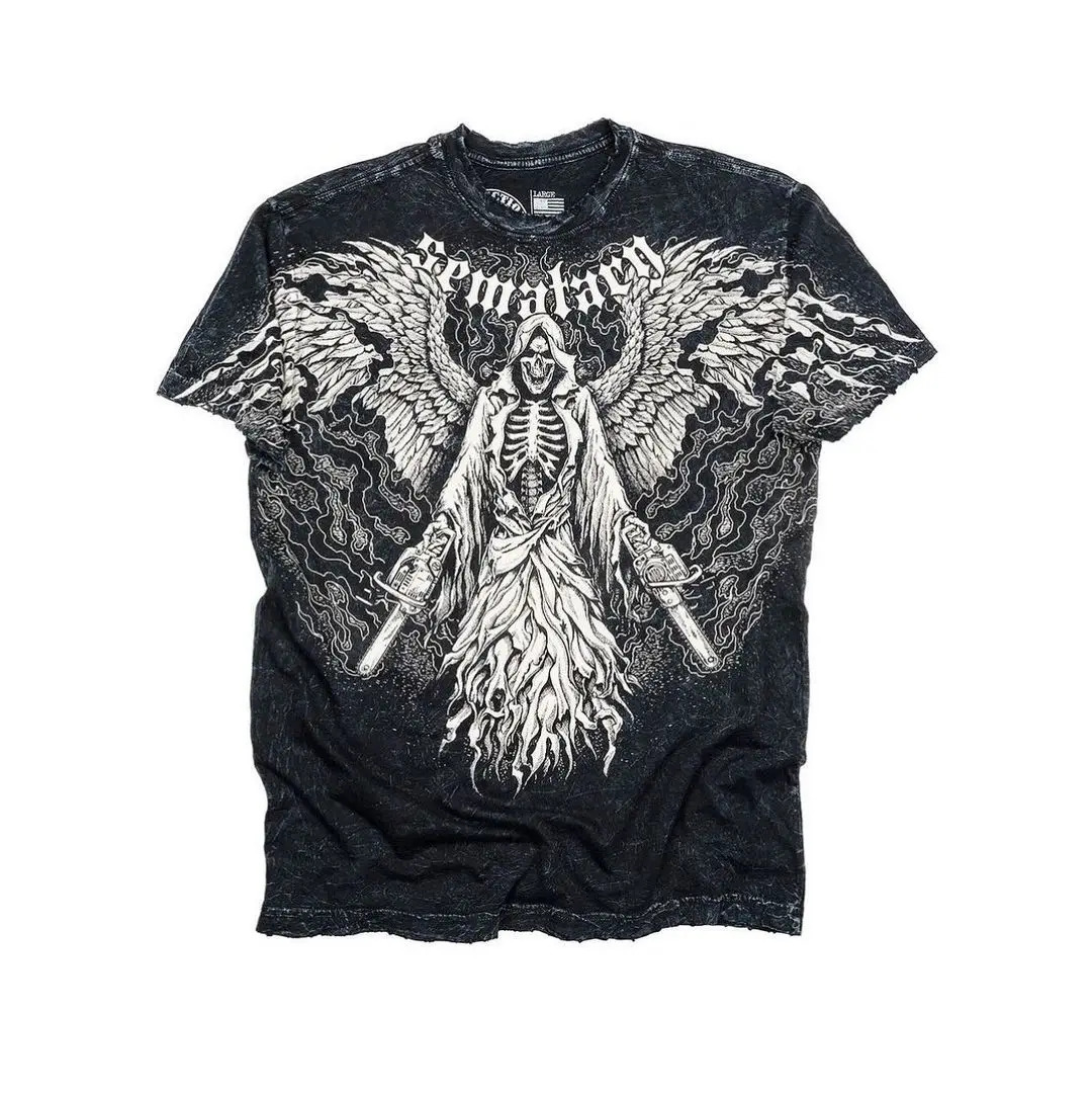 Retro Gothic Fashion Print Red Round Neck Loose T-shirt Mens Street Hip Hop Casual Garbage Y2k 2000s T-shirt 240524