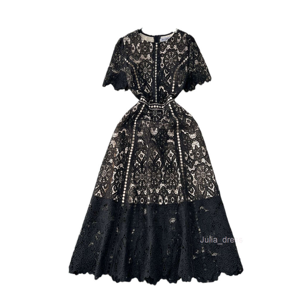 Small and high-end round neck ruffle sleeve lace dress for womens summer new slimming and elegant long skirt