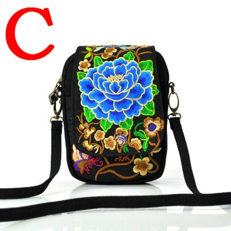 Ethnic Style Bag Women's New Mini Diagonal Canvas Small Square Ethnic Style Flower Versatile Mobile Zero Wallet 09d93