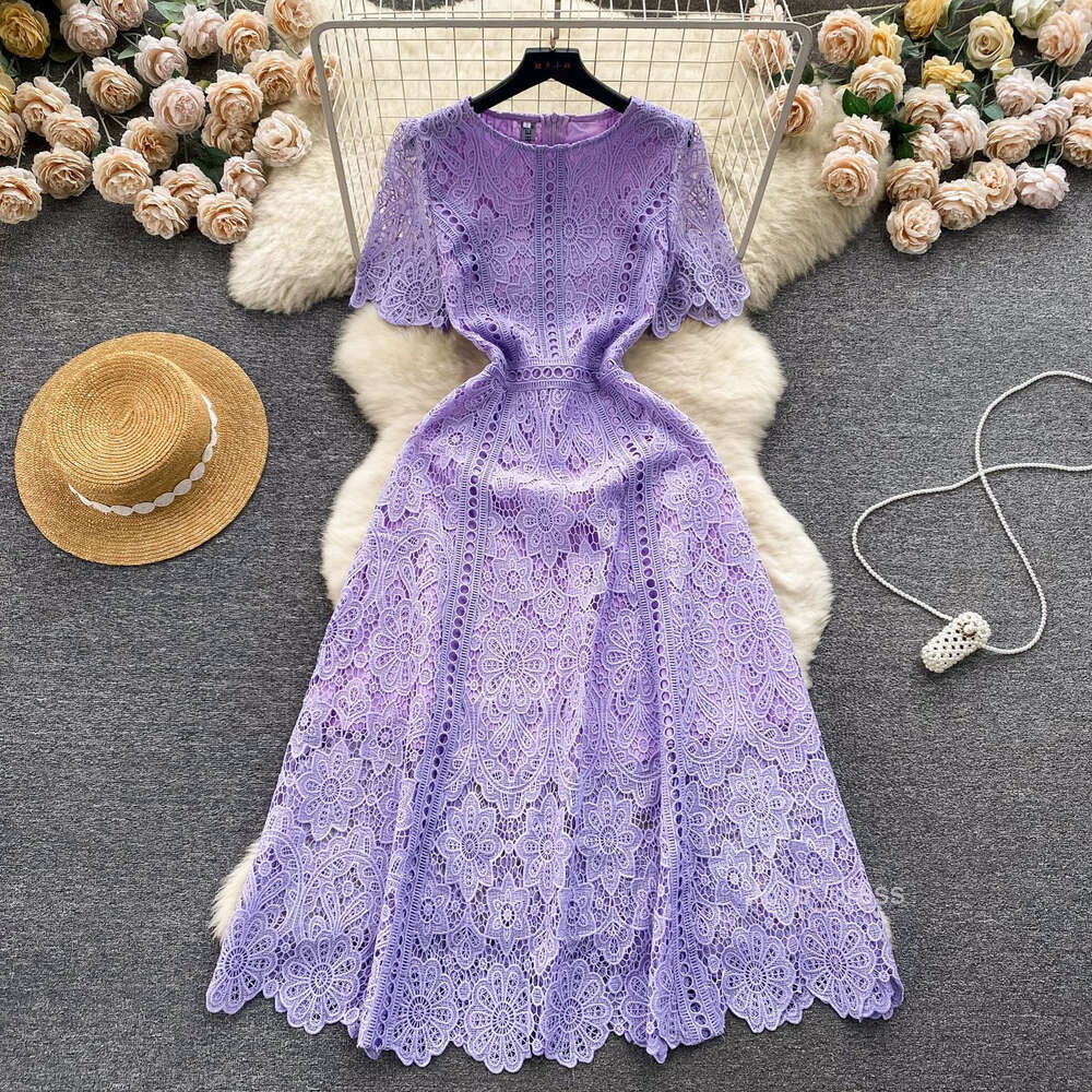 Small and high-end round neck ruffle sleeve lace dress for womens summer new slimming and elegant long skirt