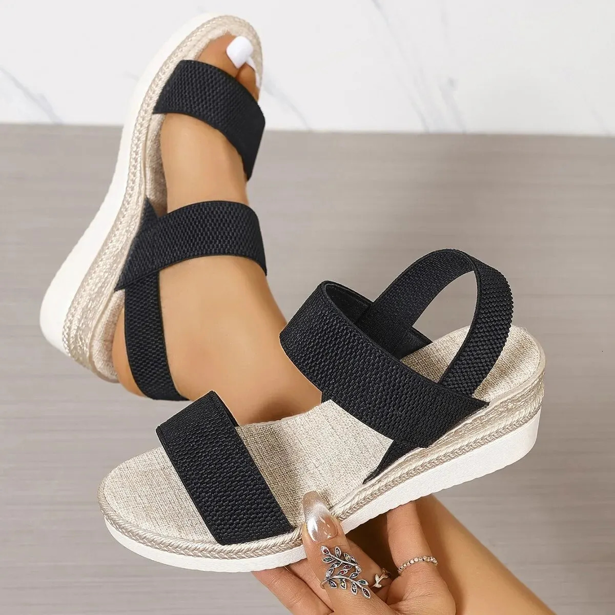 Stretch Fabric Knitted Wedge Sandals Women Back Elastic Band Platform Sandles Woman Super Size Summer Thick Sole Beach Sandalias 240528