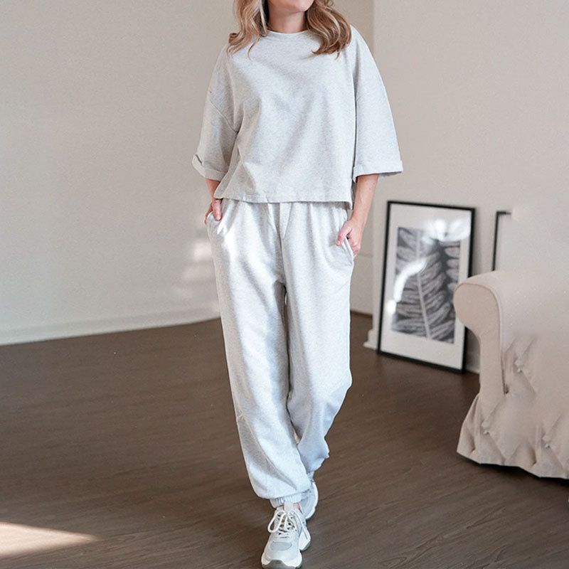 Casual Summer Womens Oversize Trouser Suit Cotton Gray White Classic Top and Pants Tracksuit Two Piece Set Women Outfits 240522