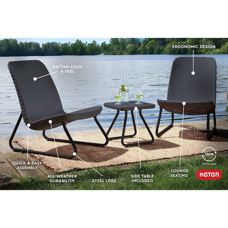 Keter Rio 3 Piece Resin Wicker Patio Furniture Set with Side Table and Outdoor Chairs, Dark Grey