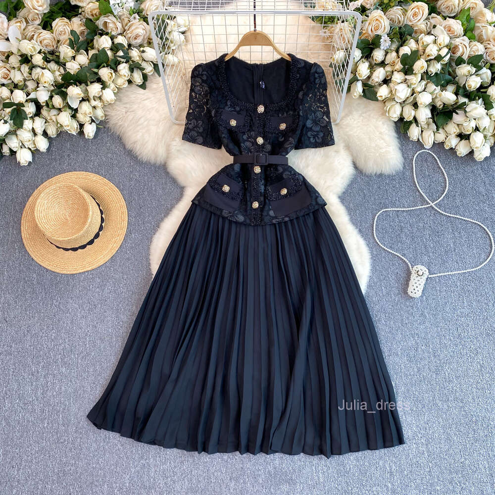 French style small fragrant style dress for women high-end and exquisite temperament square neck lace patchwork pleated long skirt socialite formal dr