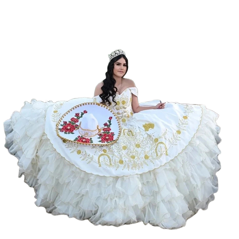 Charro Princess Quinceanera Dresses Gold Embroidery Ball Gown Off The Shoulder Ivory Organza Ruffled Tiered Prom Sweet 16 Dress 15 Anos Mexican