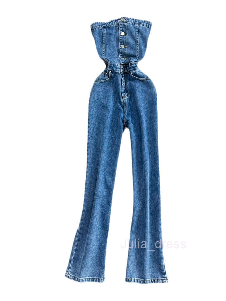 Purely Desired Strapless Open Back Bra Denim Jumpsuit Womens Design Sense Casual High Waist Slim Straight Tube Pants Jumpsuit