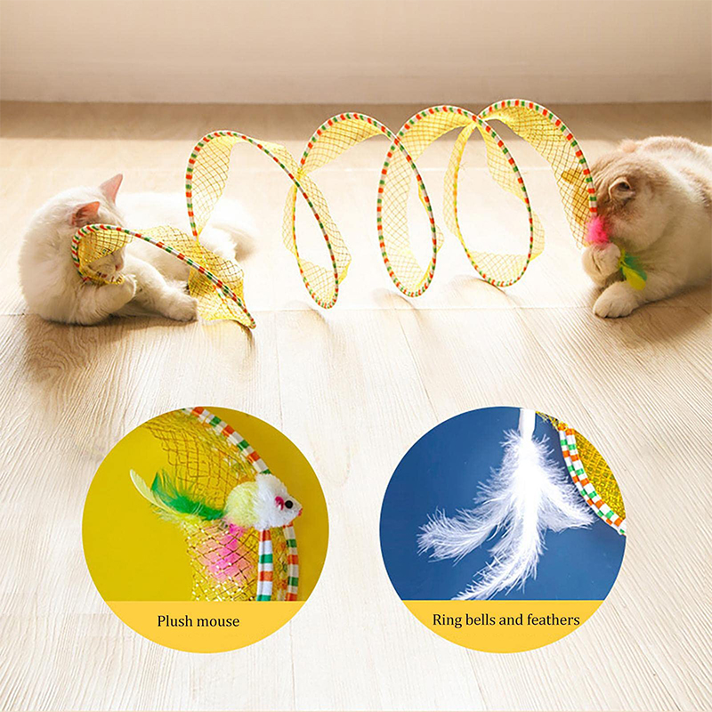 Folding Cat Tunnel S-Shaped Spring Cat Tunnel Plush Mouse Feather Toy Spiral Tunnel Interactive Cat Toy Cat Tunnel Pet Toy