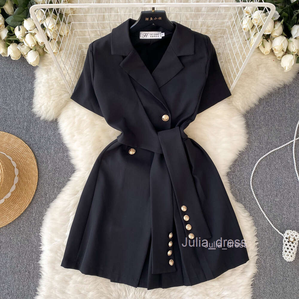 Small Design Sense Suit Polo Neck Sleeve Womens Summer Lace Up Waist Show Thin Temperament Casual Short Dress