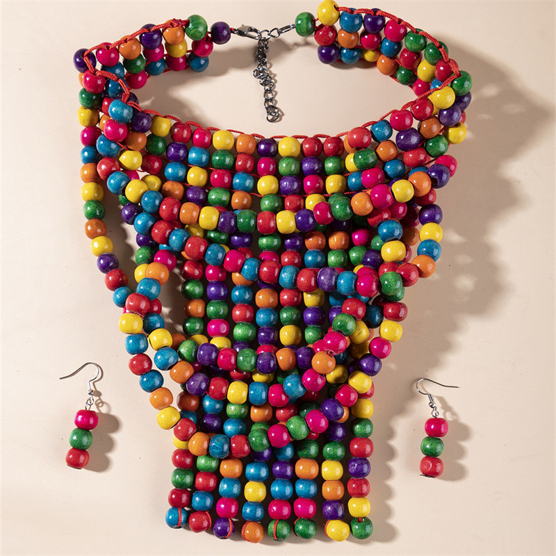 1 Pcs Ethnic Colorful Wooden Bead Necklace Earring Set Exaggerated Bohemian Tassel Party Women Jewelry Set