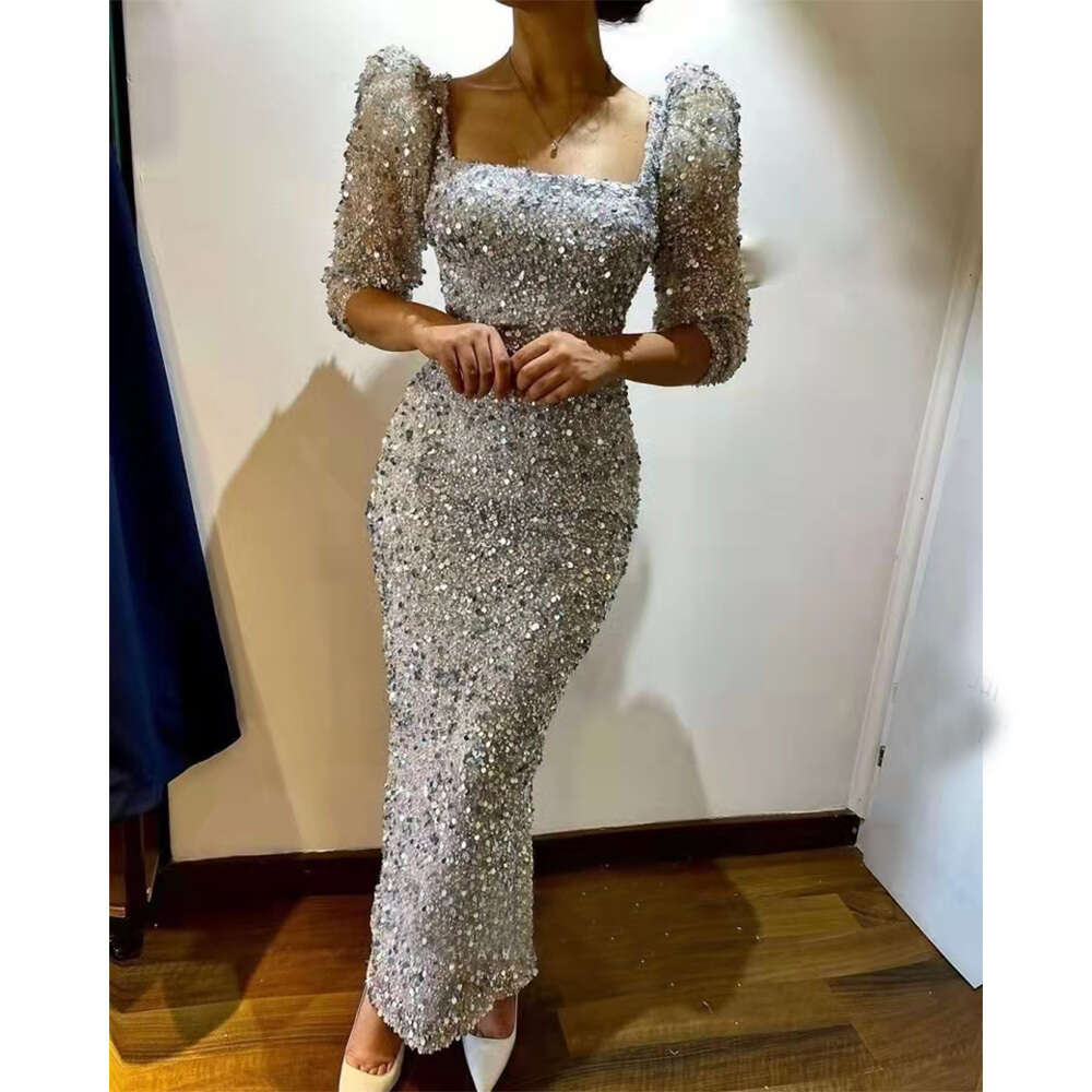 Elegant Simple Champagne Sequined Mermaid Evening Dress With Beaded Square Collar Belt Women's Prom Gowns Three Quarter Sleeve 0529