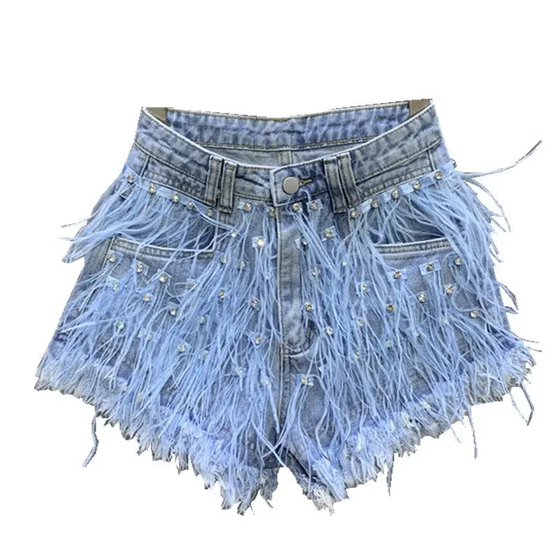 Summer Fashion Denim Shorts Women Personalized Tassel Diamond Wash Light Blue Short Jeans Sexy Feather Pants 240529
