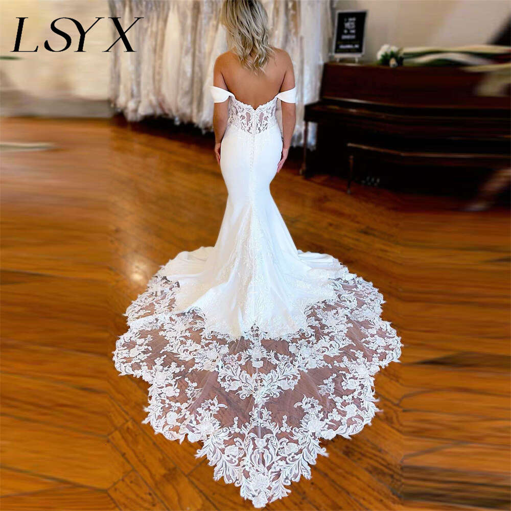 LSYX Elegant Off-Shoulder Sweetheart Crepe Mermaid Wedding Dress 2024 Illusion Back Lace Court Train Bridal Gown Custom Made 0603