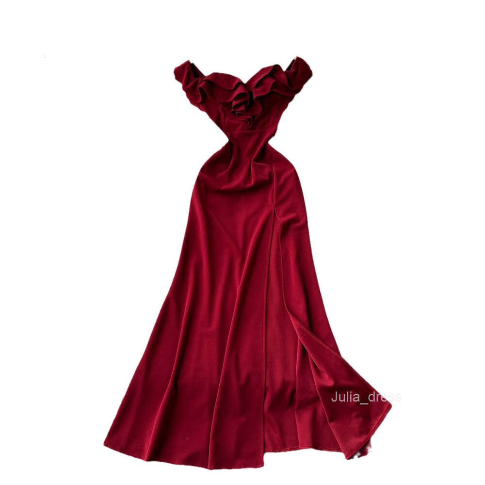 Red dress for women in 2024 new niche ruffled edge one shoulder slim fit long slit dress toasting gown