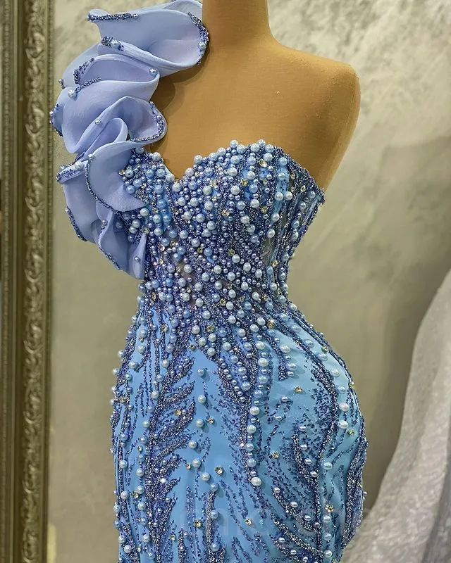 Aso May Ebi One Shoulder Prom Pearls Mermaid Sequined Lace Evening Formal Party Second Reception Birthday Engagement Gowns Dress Robe De Soiree 0529 0