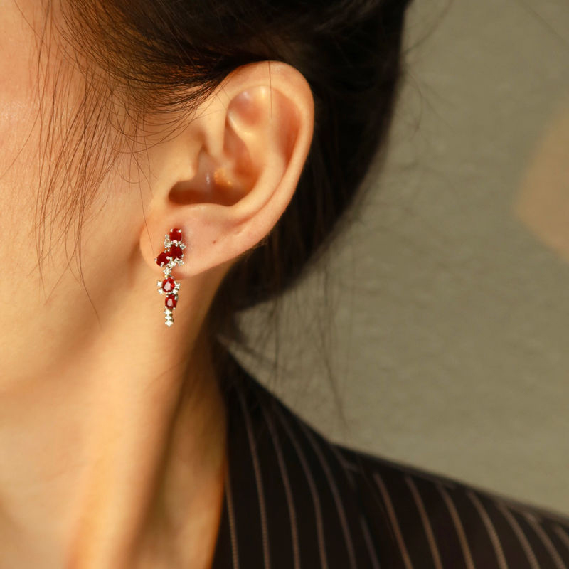 Inspired Multiples ruby tassels Long stud earrings for women ethnic style earings Light luxury engagement silver jewelry