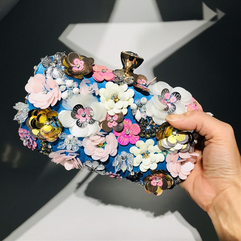 Womens Evening Clutch Bags Retro Colorful Floral Handbag Beaded Handbag Metal Chain Purses Wedding Party Prom Bag