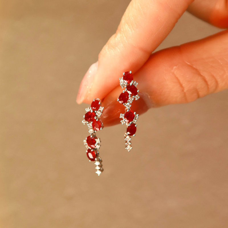 Inspired Multiples ruby tassels Long stud earrings for women ethnic style earings Light luxury engagement silver jewelry