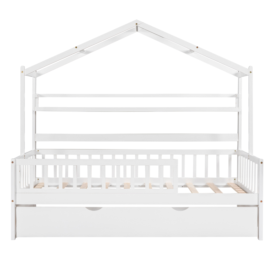 Wooden Twin Size House Bed with Trundle,Kids Bed with Shelf