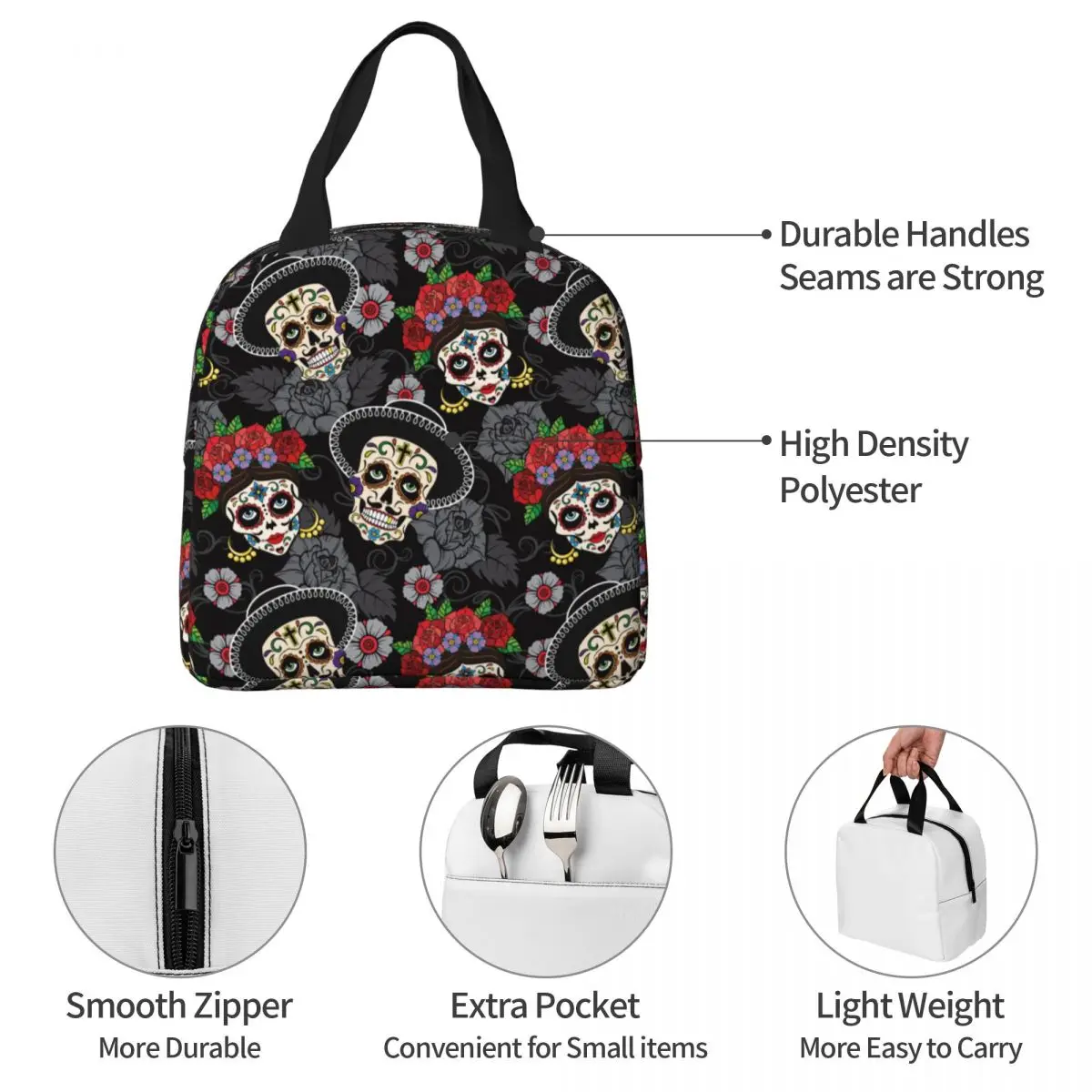 Day Of The Dead Halloween Insulated Lunch Bags Leakproof Sugar Skull Rose Meal Container Cooler Bag Tote Lunch Box School Picnic smile