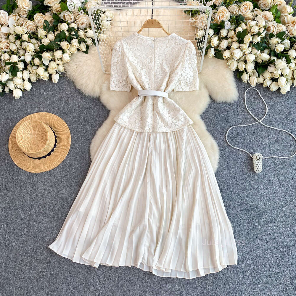 French style small fragrant style dress for women high-end and exquisite temperament square neck lace patchwork pleated long skirt socialite formal dr