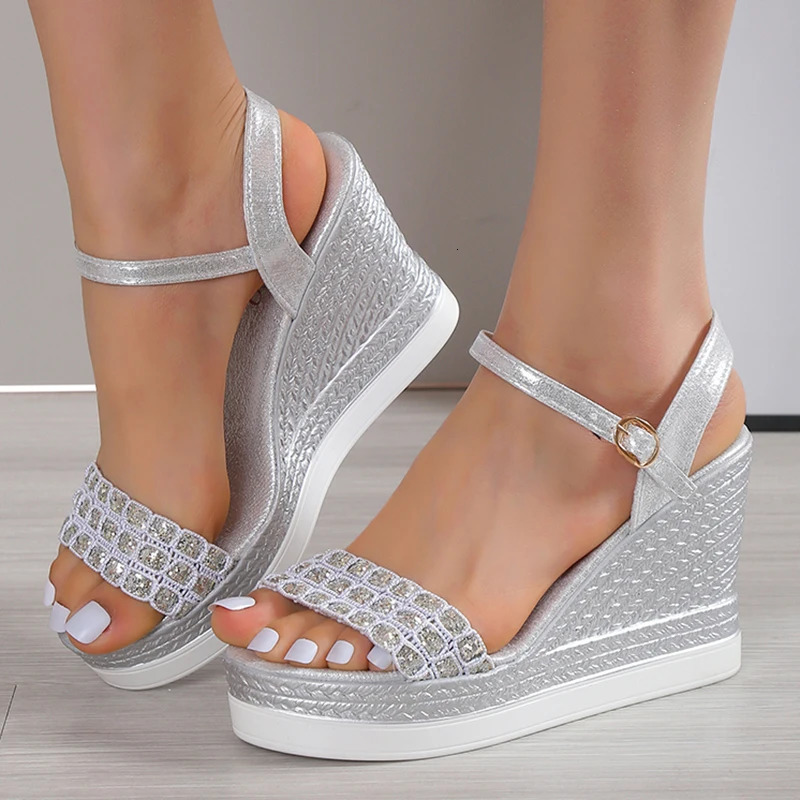 Gold Silver Glitters Wedge Sandals Women Buckle Strap Chunky Platform Sandles Woman Summer Non-Slip Thick Sole Sandalias Mujer 240528