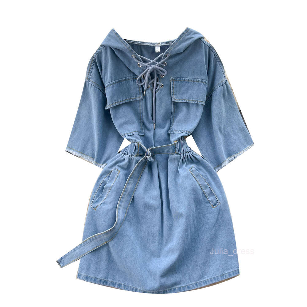 Korean chic niche lazy style casual tie up hooded denim dress for women with slim waist and short skirt
